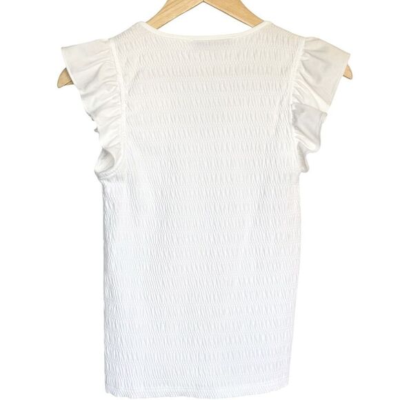 LOFT Short Sleeve Flutter Sleeve White Ruched V-Neck Top. Shirt. Small. NWOT. - Picture 4 of 8
